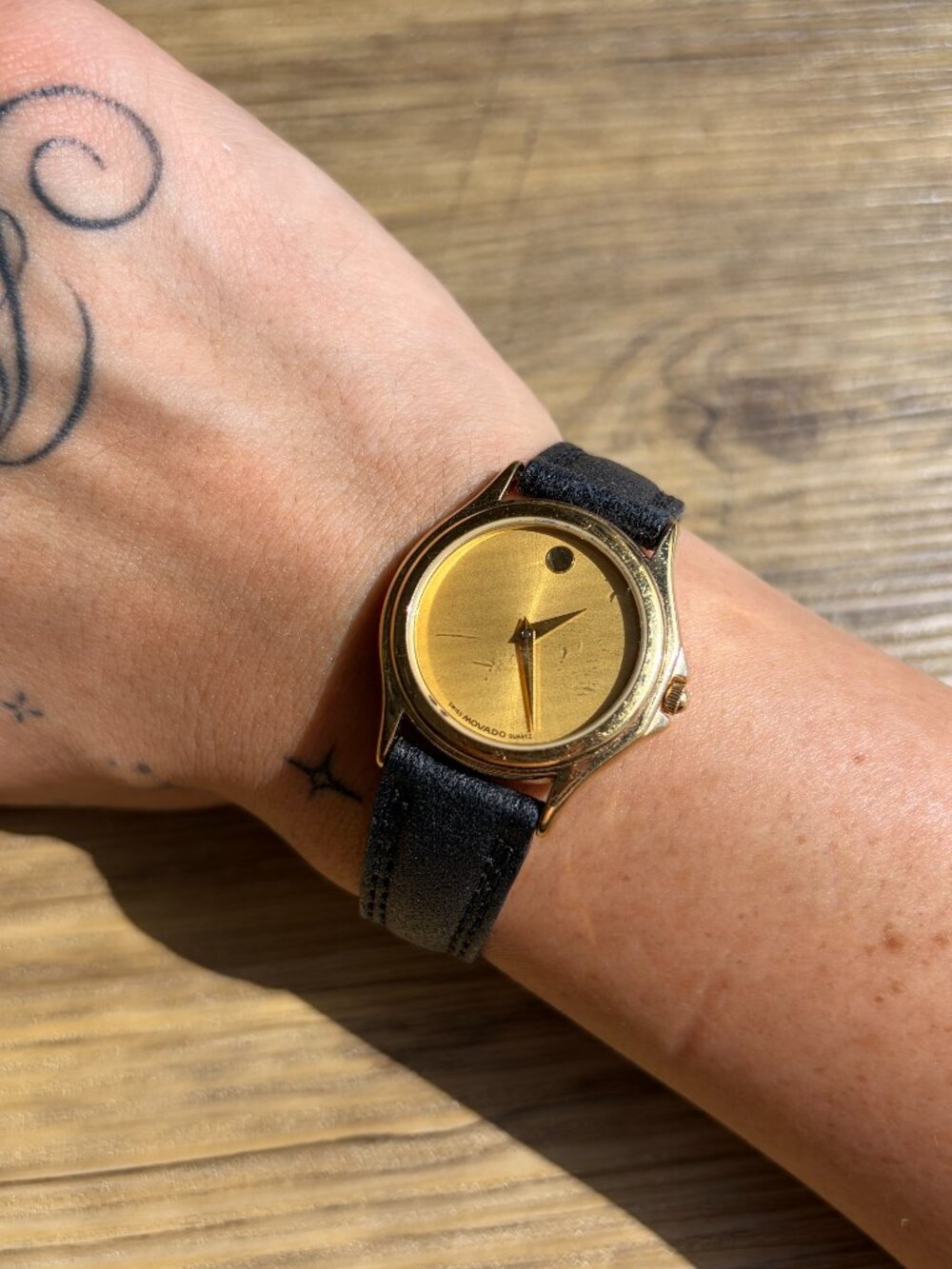Authentic Gold and Black Leather Movado Womens Watch New Battery Added